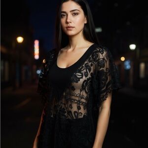 Jen’s Pirate Booty Sheer Black Lace Festival Top Boho Gothic Flutter Sleeve S